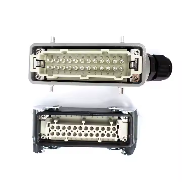 female and male heavy duty connector insert with hoods and housings